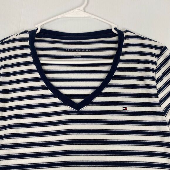 Tommy Hilfiger Shirt Teens Large Blue/White Striped Long Sleeve V Neck Pullover - Picture 14 of 16
